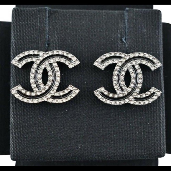 CHANEL Silver Stud Earrings with Iconic Logo Ruthenium, Black & Crystal - Picture 1 of 5